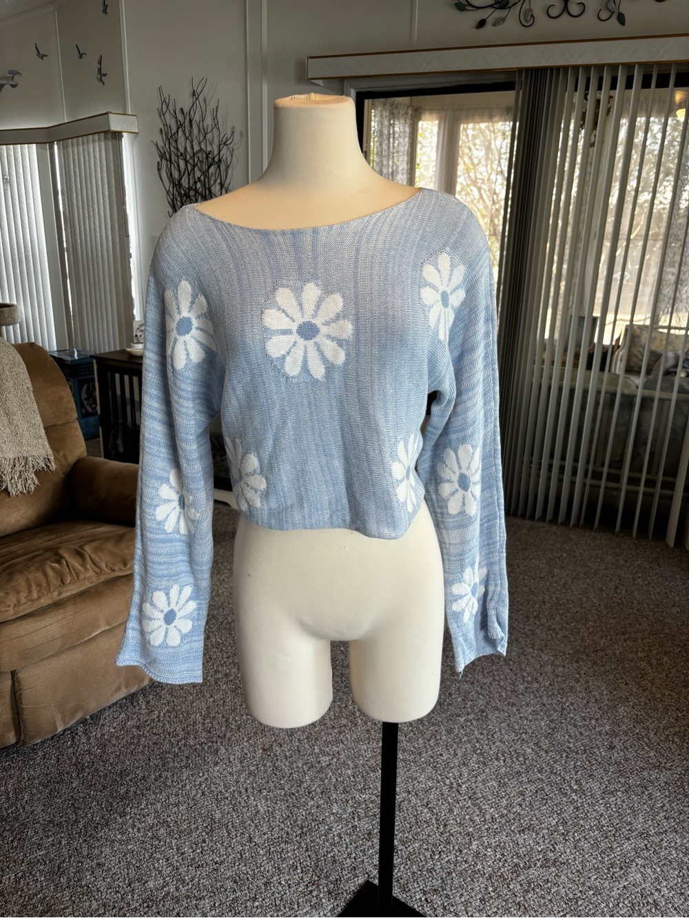 Altar'd State Light Blue and White Daisy Knit Sweater